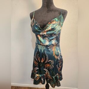 Green Floral Satin Cowl-Neck Midi Dress